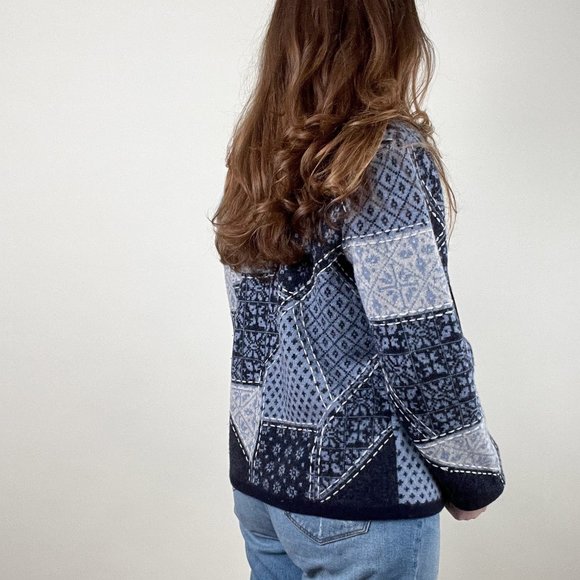 Vintage Quilted Embroidered Patchwork Printed Light Sweater Jacket Cardigan Coat - Picture 2 of 5